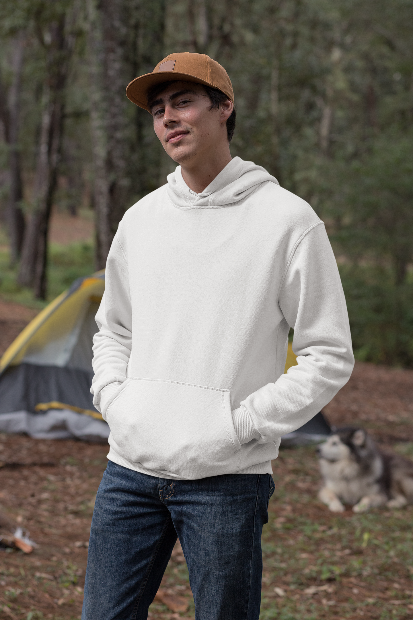 mockup of a man wearing a pullover hoodie in the woods 30482