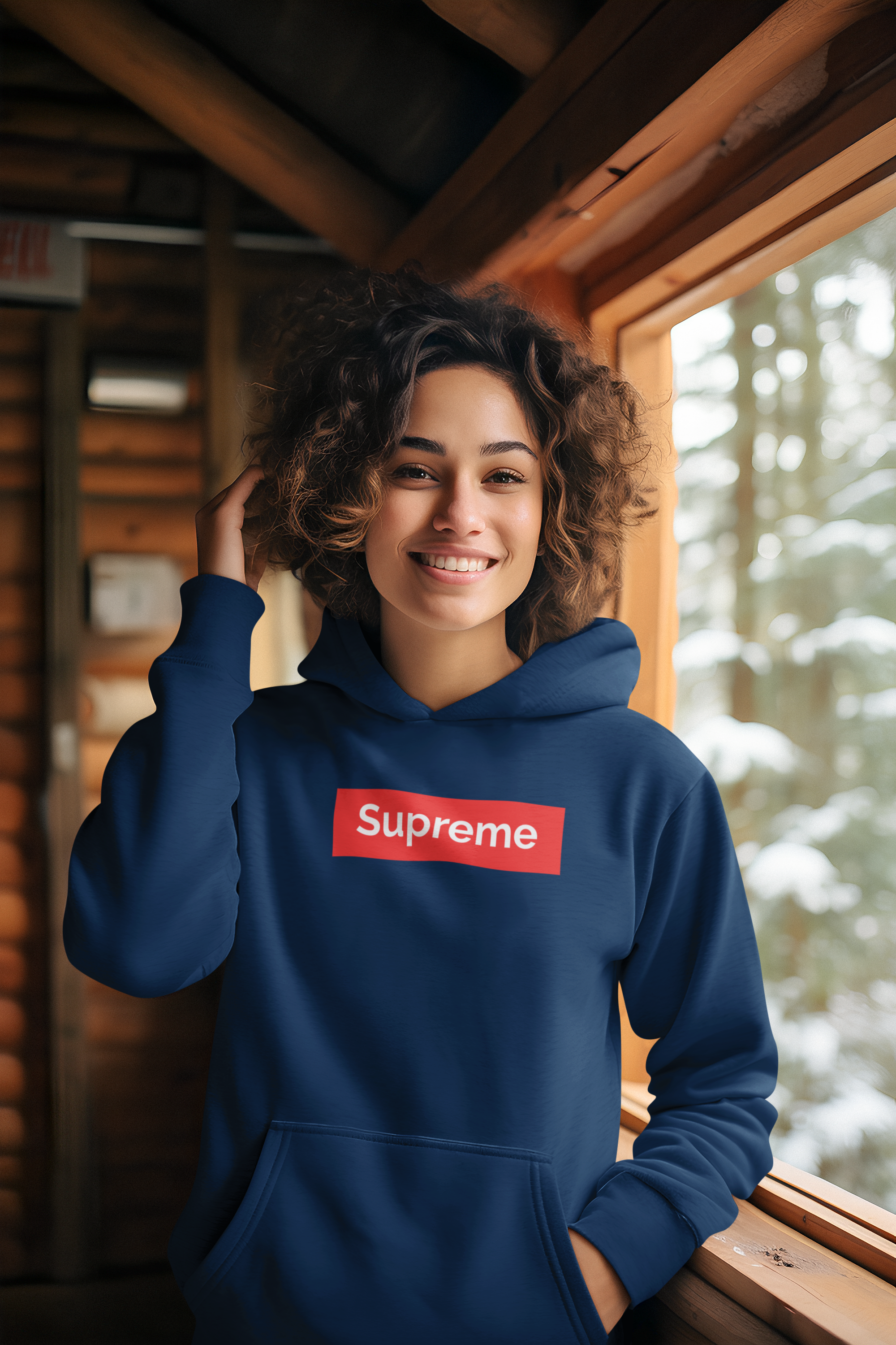 winterwear mockup of a smiling woman generated by ai wearing a hoodie in a cabin m36110